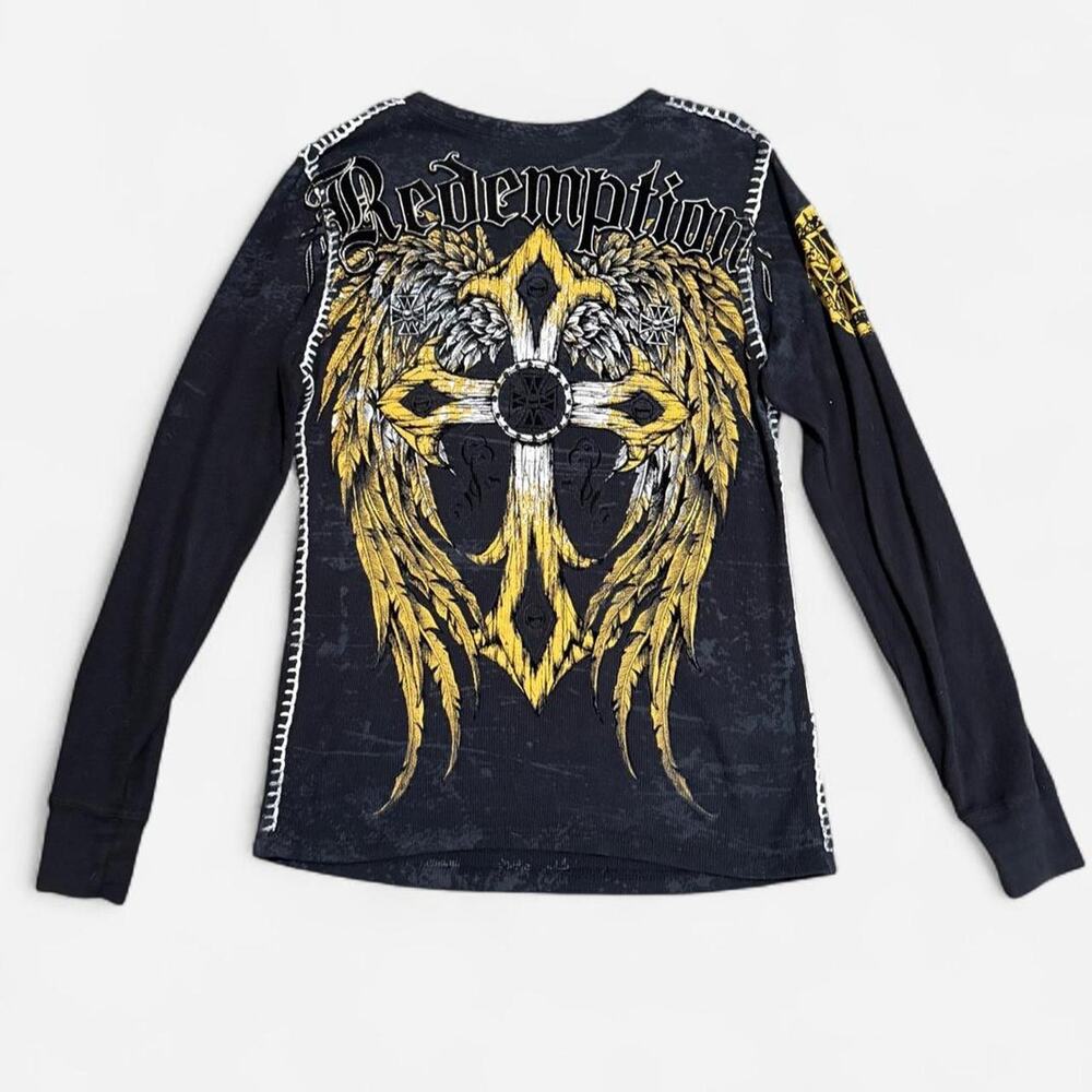 Y2K Raw State by Affliction Washed Black & Gold Redemption Graphic Thermal Shirt